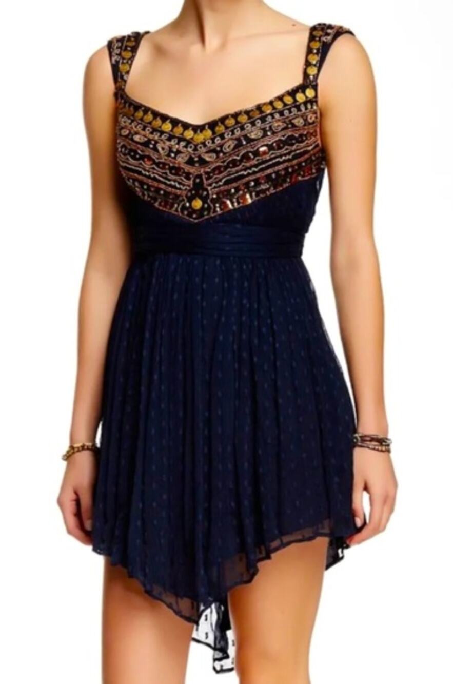 Free People Jeweled Beaded Fit and Flare Mini Dress Navy Blue 4